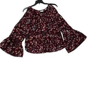Burgundy Japana Boho Print Long Sleeve Cold Shoulder Top sz Medium